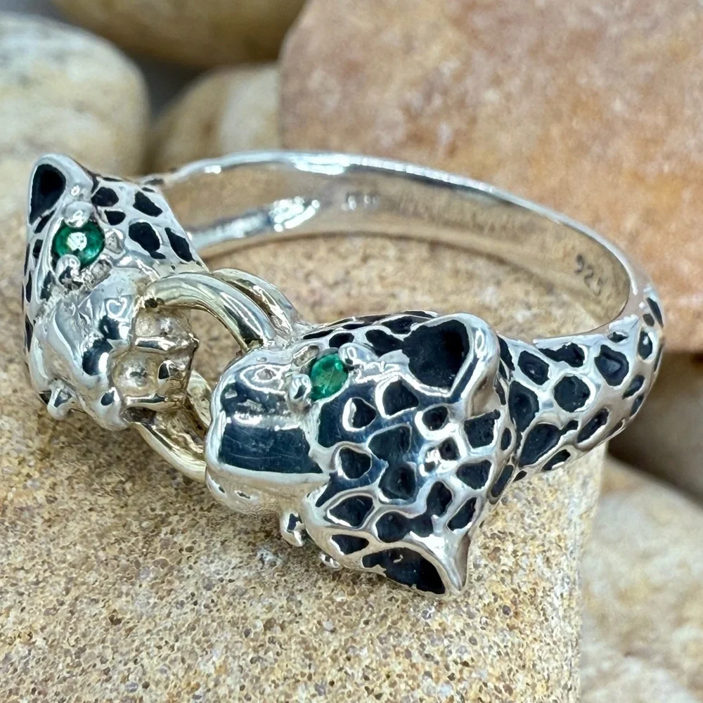 JED Joseph DeMarco Double Panther Ring 925 Sterling Genuine Emerald Eyes Sz 8 - Picture 3 of 16